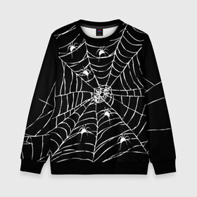 Детский свитшот 3D с принтом Паутина с пауками в Белгороде, 100% полиэстер | свободная посадка, прямой крой, мягкая тканевая резинка на рукавах и понизу свитшота | Тематика изображения на принте: black and white | darkness | halloween | horror | night | spider | web | готика | жуки | жуткий | мальчикам | насекомые | нечисть | нити | ночные | ночь | пауки | паутина | подарок | сетка | страшный | темный | тьма | хеллоуин | хоррор
