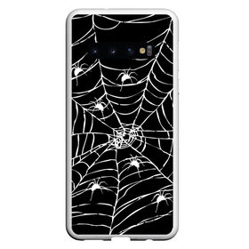 Чехол для Samsung Galaxy S10 с принтом Паутина с пауками в Белгороде, Силикон | Область печати: задняя сторона чехла, без боковых панелей | Тематика изображения на принте: black and white | darkness | halloween | horror | night | spider | web | готика | жуки | жуткий | мальчикам | насекомые | нечисть | нити | ночные | ночь | пауки | паутина | подарок | сетка | страшный | темный | тьма | хеллоуин | хоррор