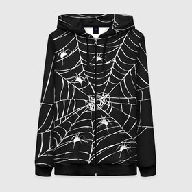 Женская толстовка 3D на молнии с принтом Паутина с пауками в Белгороде, 100% полиэстер | длина до линии бедра, манжеты и пояс оформлены мягкой тканевой резинкой, двухслойный капюшон со шнурком для регулировки, спереди молния, по бокам два кармана | black and white | darkness | halloween | horror | night | spider | web | готика | жуки | жуткий | мальчикам | насекомые | нечисть | нити | ночные | ночь | пауки | паутина | подарок | сетка | страшный | темный | тьма | хеллоуин | хоррор