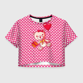 Женская футболка Crop-top 3D с принтом Медвежонок сюрприз в Белгороде, 100% полиэстер | круглая горловина, длина футболки до линии талии, рукава с отворотами | baby | bear | love is | teddy | valentines | бабочка | бантик | валентина | влюбленный | воздушный шарик | девочка | игрушка | лучшая мама | любимая жена | люблю | любовь | малыш | марта | медведь | медвежата | милый