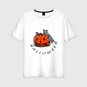 Женская футболка хлопок Oversize с принтом Bat and pumpkin-still life в Белгороде, 100% хлопок | свободный крой, круглый ворот, спущенный рукав, длина до линии бедер
 | helloween | день всех святых | летучая мышь | тыква | хеллуин