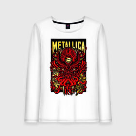 Женский лонгслив хлопок с принтом Metallica в Белгороде, 100% хлопок |  | fangs | group | horns | metallica | neon | octopus | thrash metal | группа | клыки | неон | рога | спрут | трэш металл