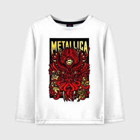 Детский лонгслив хлопок с принтом Metallica в Белгороде, 100% хлопок | круглый вырез горловины, полуприлегающий силуэт, длина до линии бедер | fangs | group | horns | metallica | neon | octopus | thrash metal | группа | клыки | неон | рога | спрут | трэш металл