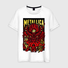 Мужская футболка хлопок с принтом Metallica в Белгороде, 100% хлопок | прямой крой, круглый вырез горловины, длина до линии бедер, слегка спущенное плечо. | fangs | group | horns | metallica | neon | octopus | thrash metal | группа | клыки | неон | рога | спрут | трэш металл