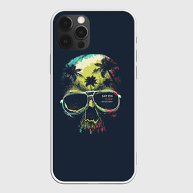 Чехол для iPhone 12 Pro Max с принтом Череп в тропиках в Белгороде, Силикон |  | буквы | джунгли | иностранные | кость | надписи | очки | пальмы | разноцветные | ретро | рисунок | смотри в глаза | текст | темная | тропики | цветная | череп | череп в очках
