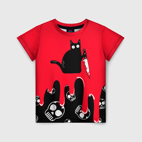 Детская футболка 3D с принтом WHAT CAT в Белгороде, 100% гипоаллергенный полиэфир | прямой крой, круглый вырез горловины, длина до линии бедер, чуть спущенное плечо, ткань немного тянется | art | black | black cat | cat | dark | dark cat | halloween | what | what cat | what mem | арт | кот | кот арт | кот мем | мем | нож | праздник | прикол | прикольный кот | убица | хэллоуин | чёрный | чёрный кот | что | что мем
