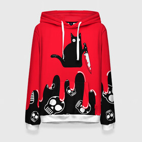 Женская толстовка 3D с принтом WHAT CAT в Белгороде, 100% полиэстер  | двухслойный капюшон со шнурком для регулировки, мягкие манжеты на рукавах и по низу толстовки, спереди карман-кенгуру с мягким внутренним слоем. | art | black | black cat | cat | dark | dark cat | halloween | what | what cat | what mem | арт | кот | кот арт | кот мем | мем | нож | праздник | прикол | прикольный кот | убица | хэллоуин | чёрный | чёрный кот | что | что мем