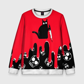 Детский свитшот 3D с принтом WHAT CAT в Белгороде, 100% полиэстер | свободная посадка, прямой крой, мягкая тканевая резинка на рукавах и понизу свитшота | art | black | black cat | cat | dark | dark cat | halloween | what | what cat | what mem | арт | кот | кот арт | кот мем | мем | нож | праздник | прикол | прикольный кот | убица | хэллоуин | чёрный | чёрный кот | что | что мем