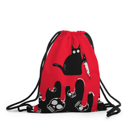 Рюкзак-мешок 3D с принтом WHAT CAT в Белгороде, 100% полиэстер | плотность ткани — 200 г/м2, размер — 35 х 45 см; лямки — толстые шнурки, застежка на шнуровке, без карманов и подкладки | Тематика изображения на принте: art | black | black cat | cat | dark | dark cat | halloween | what | what cat | what mem | арт | кот | кот арт | кот мем | мем | нож | праздник | прикол | прикольный кот | убица | хэллоуин | чёрный | чёрный кот | что | что мем