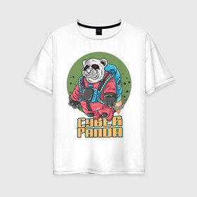 Женская футболка хлопок Oversize с принтом Кибер Панда в Белгороде, 100% хлопок | свободный крой, круглый ворот, спущенный рукав, длина до линии бедер
 | art | bear | costume | cyber | drawing | jetpack | panda | planet | арт | кибер | костюм | медведь | панда | планета | реактивный ранец | рисунок
