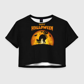 Женская футболка Crop-top 3D с принтом Helloween в Белгороде, 100% полиэстер | круглая горловина, длина футболки до линии талии, рукава с отворотами | halloween | ведьма | летучая мышь | полнолуние | привидение | призрак | тыква | хеллоуин | хелуин | хэллоин | хэллоуин | хэлоуин | хэлуин | черный кот
