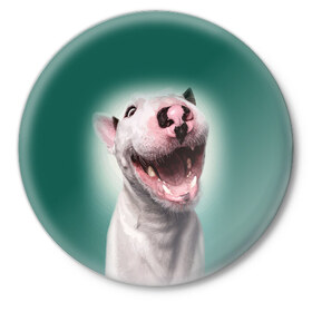 Значок с принтом Bully в Белгороде,  металл | круглая форма, металлическая застежка в виде булавки | bull terrier | ears | eyes | fangs | jaw | muzzle | nose | smile | бультерьер | глаза | клыки | нос | пасть | улыбка | уши