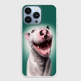 Чехол для iPhone 13 Pro с принтом Bully в Белгороде,  |  | Тематика изображения на принте: bull terrier | ears | eyes | fangs | jaw | muzzle | nose | smile | бультерьер | глаза | клыки | нос | пасть | улыбка | уши