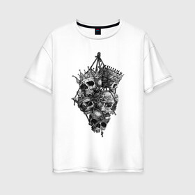 Женская футболка хлопок Oversize с принтом Охотник за королями в Белгороде, 100% хлопок | свободный крой, круглый ворот, спущенный рукав, длина до линии бедер
 | арт | белый | вектор | зубы | карандаш | короли. связка черепов | король | корона | короны | рисунок | рисунок карандашом | череп | черепа | чёрный