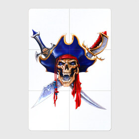 Магнитный плакат 2Х3 с принтом Грозный пират в Белгороде, Полимерный материал с магнитным слоем | 6 деталей размером 9*9 см | арт | вектор | жёлтый | золотой | зубы | клыки | красный | пират | повязка | рисунок | синий | холодное оружие | череп | шпага | шпаги