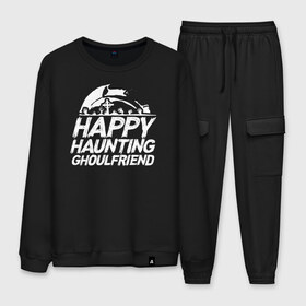 Мужской костюм хлопок с принтом Happy Haunting Ghoulfriend в Белгороде, 100% хлопок | на свитшоте круглая горловина, мягкая резинка по низу. Брюки заужены к низу, на них два вида карманов: два “обычных” по бокам и два объемных, с клапанами, расположенные ниже линии бедра. Брюки с мягкой трикотажной резинкой на поясе и по низу штанин. В поясе для дополнительного комфорта — широкие завязки | Тематика изображения на принте: 31 октября | halloween | halowen | ведьма | день всех святых | джек | костюм | кровь | лого | монстр | надпись | праздник | приведение | призрак | светильник | символ | страшная | тыква | ужасы | хеллоуин | хеллуин