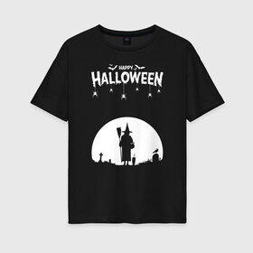 Женская футболка хлопок Oversize с принтом Happy Halloween в Белгороде, 100% хлопок | свободный крой, круглый ворот, спущенный рукав, длина до линии бедер
 | 31 октября | halloween | halowen | ведьма | день всех святых | джек | костюм | кровь | лого | монстр | надпись | праздник | приведение | призрак | светильник | символ | страшная | тыква | ужасы | хеллоуин | хеллуин