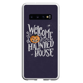 Чехол для Samsung Galaxy S10 с принтом Halloween. Haunted house. в Белгороде, Силикон | Область печати: задняя сторона чехла, без боковых панелей | Тематика изображения на принте: 31 октября | halloween | purple | scary | to the haunted house | welcome | буквы | день всех святых | дом с привидениями | каллиграфия | леттеринг | надпись | октябрь | осень | праздник | привидение | призрак | тыква | ужас