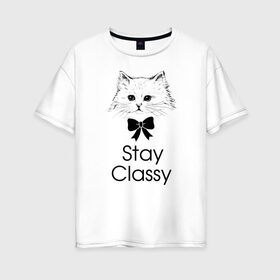 Женская футболка хлопок Oversize с принтом Классика в Белгороде, 100% хлопок | свободный крой, круглый ворот, спущенный рукав, длина до линии бедер
 | бантик | белый | классика | кот | кошка | красота | милый | цитата | чёрный