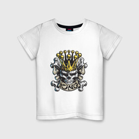 Детская футболка хлопок с принтом Король в Белгороде, 100% хлопок | круглый вырез горловины, полуприлегающий силуэт, длина до линии бедер | Тематика изображения на принте: арт | белый | вектор | жёлтый | золотой | зубы | король | корона | кости | пират | рисунок | череп | чёрный