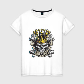 Женская футболка хлопок с принтом Король в Белгороде, 100% хлопок | прямой крой, круглый вырез горловины, длина до линии бедер, слегка спущенное плечо | арт | белый | вектор | жёлтый | золотой | зубы | король | корона | кости | пират | рисунок | череп | чёрный