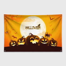 Флаг-баннер с принтом HALLOWEEN в Белгороде, 100% полиэстер | размер 67 х 109 см, плотность ткани — 95 г/м2; по краям флага есть четыре люверса для крепления | bones | ghost | halloween | pumpkin | skull | кости | летучие мыши | приведение | призрак | скелет | тыква | хеллоуин | хоррор | хэллоуин