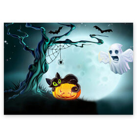 Поздравительная открытка с принтом HALLOWEEN. в Белгороде, 100% бумага | плотность бумаги 280 г/м2, матовая, на обратной стороне линовка и место для марки
 | bones | ghost | halloween | pumpkin | skull | кости | летучие мыши | приведение | призрак | скелет | тыква | хеллоуин | хоррор | хэллоуин