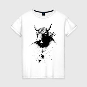 Женская футболка хлопок с принтом Бык в Белгороде, 100% хлопок | прямой крой, круглый вырез горловины, длина до линии бедер, слегка спущенное плечо | 2021 | бык | год быка | год коровы | новый год | символ года