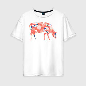 Женская футболка хлопок Oversize с принтом корова с цветами в Белгороде, 100% хлопок | свободный крой, круглый ворот, спущенный рукав, длина до линии бедер
 | 2021 | бык | год быка | год коровы | корова | новый год | символ года