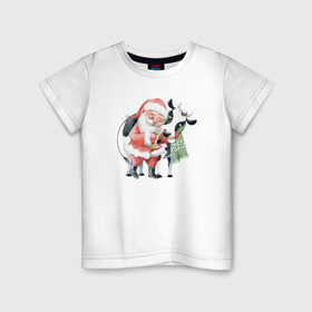 Детская футболка хлопок с принтом дед мороз с коровкой в Белгороде, 100% хлопок | круглый вырез горловины, полуприлегающий силуэт, длина до линии бедер | 2021 | бык | год быка | год коровы | новый год | символ года