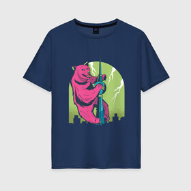 Женская футболка хлопок Oversize с принтом Медведь Кинг Конг в Белгороде, 100% хлопок | свободный крой, круглый ворот, спущенный рукав, длина до линии бедер
 | art | bear | city | illustration | king | kong | lightnings | parody | pink | skyscraper | smile | tower | urban | арт | башня | вышка | город | добрый | залез | залезает | иллюстрация | мишка | молнии | пародия | прикол | розовый