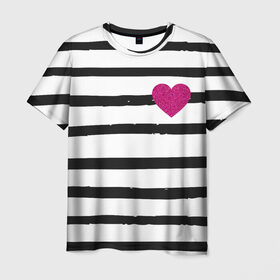 Мужская футболка 3D с принтом Сердце с полосками в Белгороде, 100% полиэфир | прямой крой, круглый вырез горловины, длина до линии бедер | любовь | милый | модный | полоски | розовый | семья | сердце | чёрный