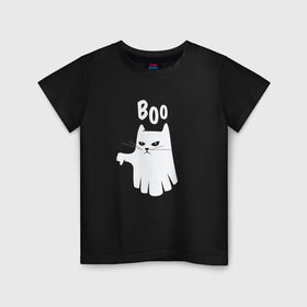Детская футболка хлопок с принтом Кот Призрак в Белгороде, 100% хлопок | круглый вырез горловины, полуприлегающий силуэт, длина до линии бедер | angry | art | boo | cat | ghost | grumpy | halloween | horror | kitten | kitty | pollice | pussy | pussycat | verso | арт | бу | версо | доброе | добрый | злой | иллюстрация | котенок | кошка | недовольный | палец вниз | приведение | пугае