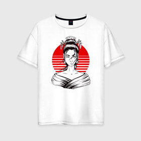 Женская футболка хлопок Oversize с принтом Гейша в Белгороде, 100% хлопок | свободный крой, круглый ворот, спущенный рукав, длина до линии бедер
 | anime | art | beauty | geisha | japan | japanese | manga | trend | woman | аниме | арт | восходящее | дневник | дневники | женщина | иллюстрация | искусство | красное | красота | манга | мода | портрет | символ | солнце | страна
