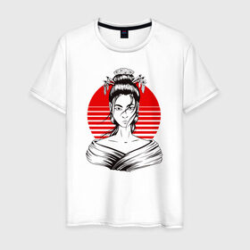 Мужская футболка хлопок с принтом Гейша в Белгороде, 100% хлопок | прямой крой, круглый вырез горловины, длина до линии бедер, слегка спущенное плечо. | anime | art | beauty | geisha | japan | japanese | manga | trend | woman | аниме | арт | восходящее | дневник | дневники | женщина | иллюстрация | искусство | красное | красота | манга | мода | портрет | символ | солнце | страна