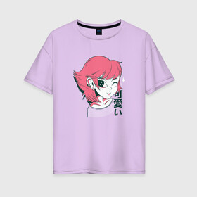 Женская футболка хлопок Oversize с принтом Kawaii Anime Girl в Белгороде, 100% хлопок | свободный крой, круглый ворот, спущенный рукав, длина до линии бедер
 | cute | fashion | japan | japanese | kanji | manga | pink | style | waifu | вайфу | девочка | девушка | иероглифы | кавай | кавайи | кавайная | кандзи | катакана | манга | милая | подмигивает | розовая | розовые | стиль | тренд | тренды