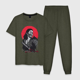 Мужская пижама хлопок с принтом Японский Воин Самурай в Белгороде, 100% хлопок | брюки и футболка прямого кроя, без карманов, на брюках мягкая резинка на поясе и по низу штанин
 | art | blade | blood | illustration | japan | japanese | katana | mask | moon | ronin | samurai | sekiro | shogun | sword | tsushima | warrior | арт | в маске | иллюстрация | катана | кровавая | луна | мерч | меч | отступник | ронин | сегун |