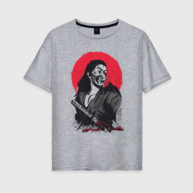 Женская футболка хлопок Oversize с принтом Японский Воин Самурай в Белгороде, 100% хлопок | свободный крой, круглый ворот, спущенный рукав, длина до линии бедер
 | art | blade | blood | illustration | japan | japanese | katana | mask | moon | ronin | samurai | sekiro | shogun | sword | tsushima | warrior | арт | в маске | иллюстрация | катана | кровавая | луна | мерч | меч | отступник | ронин | сегун |