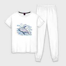 Женская пижама хлопок с принтом Синий Кит в Белгороде, 100% хлопок | брюки и футболка прямого кроя, без карманов, на брюках мягкая резинка на поясе и по низу штанин | big | blue | dik | great | moby | ocean | sea | sun | wave | waves | whale | великий | волна | волны | день моря | день океана | дик | китобой | киты | левиафан | люблю китов | млекопитающее | моби | моби дик | море | морское чудовище 