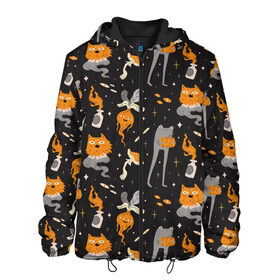 Мужская куртка 3D с принтом Halloween Monsters в Белгороде, ткань верха — 100% полиэстер, подклад — флис | прямой крой, подол и капюшон оформлены резинкой с фиксаторами, два кармана без застежек по бокам, один большой потайной карман на груди. Карман на груди застегивается на липучку | angry | art | cat | creatures | flame | grumpy | horror | kitten | kitty | merch | pussy | pussycat | арт | грибы | злые | иллюстрация | котенок | кошка | кринж | мерч | монстры | наряд | недовольные | огонь | паттерн | сердитые | создания