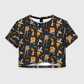 Женская футболка Crop-top 3D с принтом Halloween Monsters в Белгороде, 100% полиэстер | круглая горловина, длина футболки до линии талии, рукава с отворотами | angry | art | cat | creatures | flame | grumpy | horror | kitten | kitty | merch | pussy | pussycat | арт | грибы | злые | иллюстрация | котенок | кошка | кринж | мерч | монстры | наряд | недовольные | огонь | паттерн | сердитые | создания