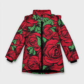 Зимняя куртка для девочек 3D с принтом Алые Розы в Белгороде, ткань верха — 100% полиэстер; подклад — 100% полиэстер, утеплитель — 100% полиэстер. | длина ниже бедра, удлиненная спинка, воротник стойка и отстегивающийся капюшон. Есть боковые карманы с листочкой на кнопках, утяжки по низу изделия и внутренний карман на молнии. 

Предусмотрены светоотражающий принт на спинке, радужный светоотражающий элемент на пуллере молнии и на резинке для утяжки. | art | fashion | flora | floral | flower | flowers | garden | illustration | red | rose | thorns | арт | букет | бутоны | иллюстрация | красные | лепестки | листья | мода | растения | рисунок | роза | сад | сочные | тренд | флора | флорист | флор