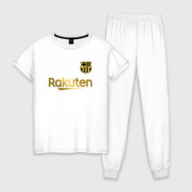Женская пижама хлопок с принтом FC BARCELONA GOLD в Белгороде, 100% хлопок | брюки и футболка прямого кроя, без карманов, на брюках мягкая резинка на поясе и по низу штанин | 