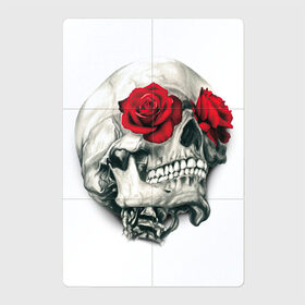 Магнитный плакат 2Х3 с принтом Череп с розами в Белгороде, Полимерный материал с магнитным слоем | 6 деталей размером 9*9 см | арт | белый | вектор | зубы | карандаш | красная роза | красные розы | рисунок | рисунок карандаш | роза | розы | череп | чёрный
