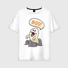 Женская футболка хлопок Oversize с принтом BOO Хэллоуин в Белгороде, 100% хлопок | свободный крой, круглый ворот, спущенный рукав, длина до линии бедер
 | boo | halloween | буу | дух | кладбище | могила | приведение | призрак | страшила | ужас | хэллоуин | хэлоуин