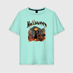 Женская футболка хлопок Oversize с принтом Хеллоуин(пиво) в Белгороде, 100% хлопок | свободный крой, круглый ворот, спущенный рукав, длина до линии бедер
 | halloween | гадания | игры | летучие | мертвых | момо | мыши | нечистые | праздик | силы | тыквы | хеллоуин