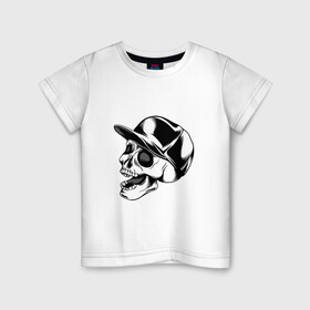 Детская футболка хлопок с принтом Череп в кепке в Белгороде, 100% хлопок | круглый вырез горловины, полуприлегающий силуэт, длина до линии бедер | арт | белый | в кепке | вектор | кепка | рисунок | скелет | череп | чёрный