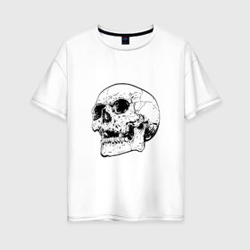 Женская футболка хлопок Oversize с принтом Череп в Белгороде, 100% хлопок | свободный крой, круглый ворот, спущенный рукав, длина до линии бедер
 | арт | белый | вектор | карандаш | рисунок | рисунок карандашом | скелет | череп | чёрный