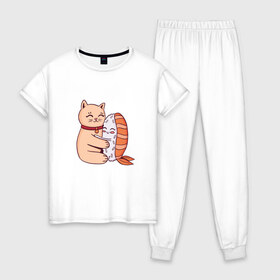 Женская пижама хлопок с принтом Котик обнимается с суши в Белгороде, 100% хлопок | брюки и футболка прямого кроя, без карманов, на брюках мягкая резинка на поясе и по низу штанин | cat | cats | cute | hug | hugs | kawaii | kitten | kitty | neko | nigiri | pussy | pussycat | sushi | арт | кавайи | кавайный | киса | киска | кот | котенок | котики | котята | кошка | кошки | милота | милые | милый | неко | нигири | обнимашк