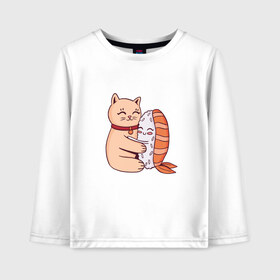 Детский лонгслив хлопок с принтом Котик обнимается с суши в Белгороде, 100% хлопок | круглый вырез горловины, полуприлегающий силуэт, длина до линии бедер | Тематика изображения на принте: cat | cats | cute | hug | hugs | kawaii | kitten | kitty | neko | nigiri | pussy | pussycat | sushi | арт | кавайи | кавайный | киса | киска | кот | котенок | котики | котята | кошка | кошки | милота | милые | милый | неко | нигири | обнимашк